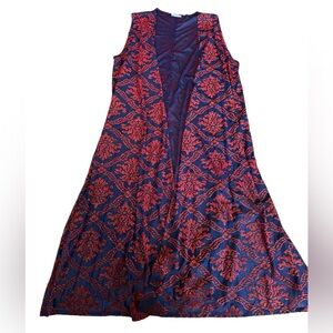 LuLaRoe Navy Joy Long Vest with Red Damask Pattern